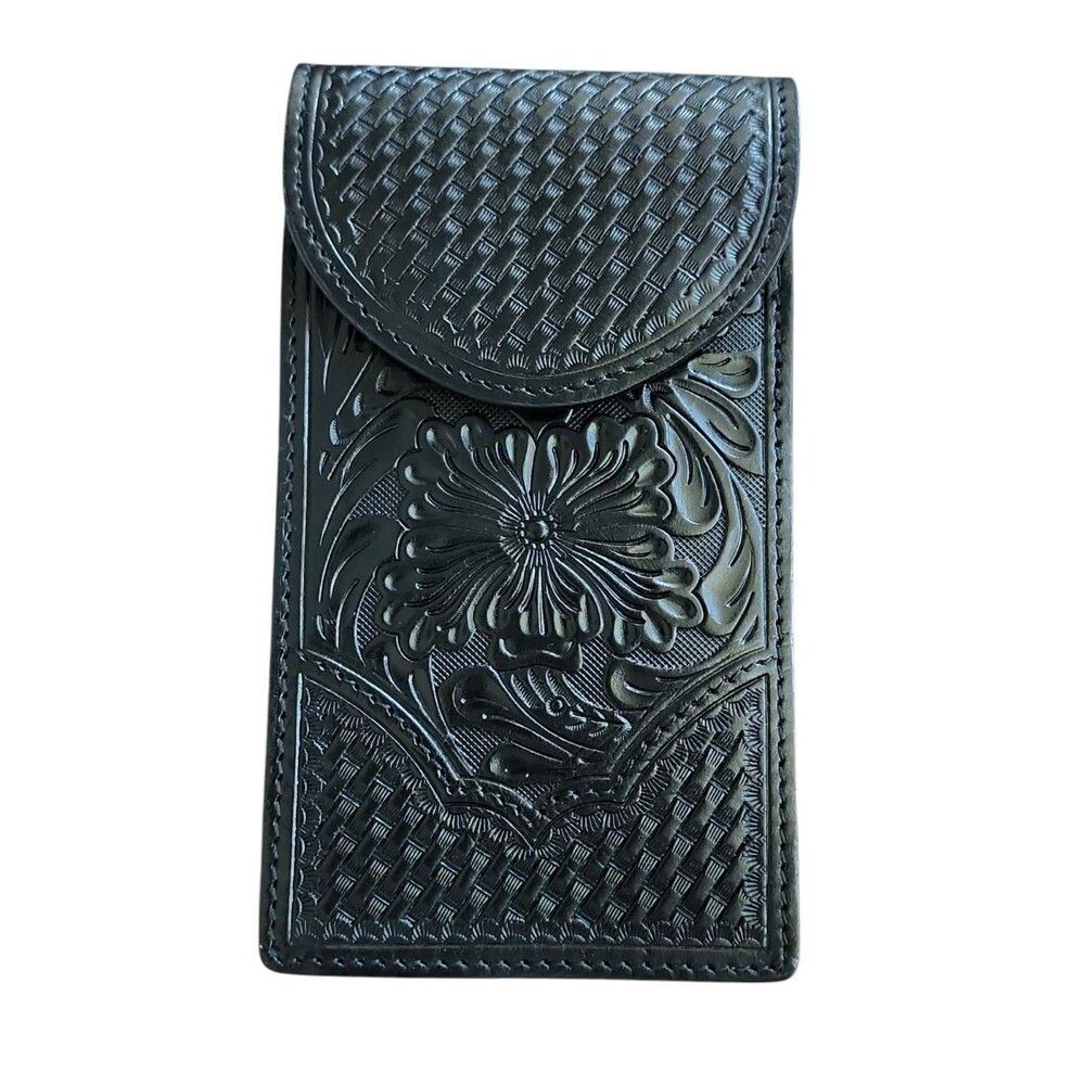 Ranger Belt Co Black Leather Phone Case Tooled Magnetic Closure Clip Vertical